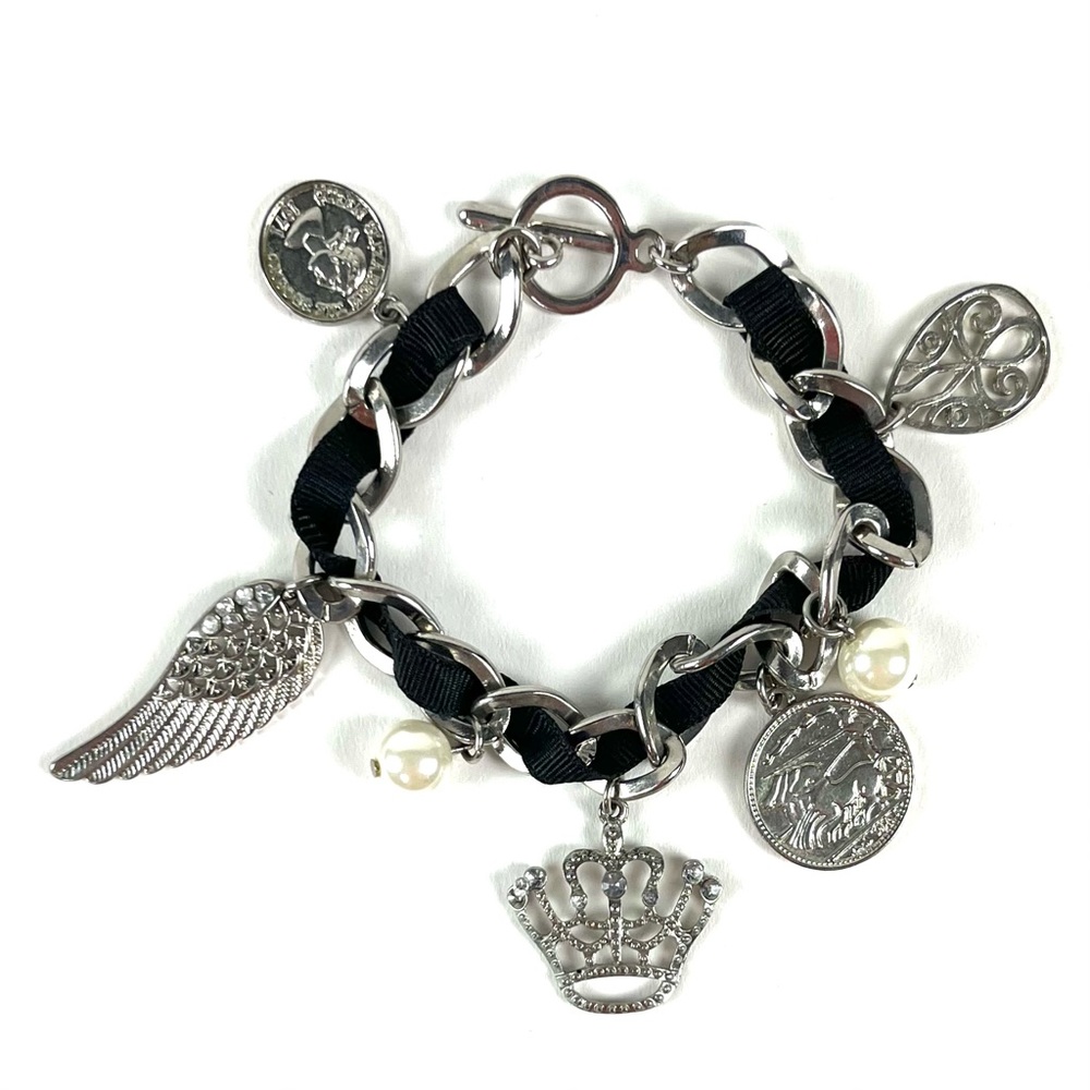 Guess Sliver Black Ribbon Charm Bracelet